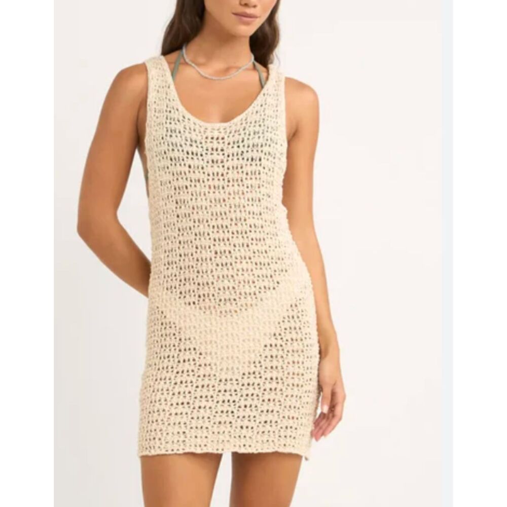 Rhythm. Cream Crochet Tank Swim Coverup Dress
